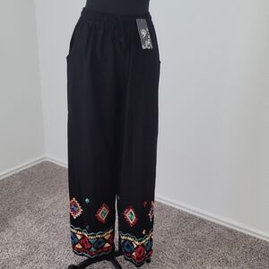 Black Wide-Leg Pants with Colorful Tribal Embroidery In S/M